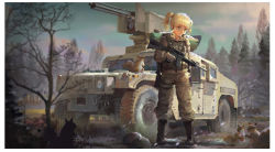 Rule 34 | 1girl, animal, black footwear, blonde hair, blunt bangs, boots, camouflage, camouflage jacket, camouflage pants, day, forest, gloves, grey eyes, grey gloves, gun, highres, holding, holding gun, holding weapon, holster, jacket, microphone, military, military uniform, nature, original, outdoors, pants, psi (583278318), rifle, snow on head, snowing, solo, squirrel, thigh holster, twintails, uniform, weapon