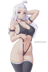 Rule 34 | 1girl, absurdres, black choker, black one-piece swimsuit, black thighhighs, blue eyes, blush, breasts, choker, cleavage, closed mouth, commentary, fairy tail, highres, large breasts, long hair, looking at viewer, melowh, mirajane strauss, navel, one-piece swimsuit, patreon username, simple background, smile, solo, swimsuit, thighhighs, white background, white hair