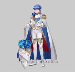 Rule 34 | 1boy, armor, blue eyes, blue hair, cape, fire emblem, fire emblem heroes, formal, full body, gloves, looking at viewer, male focus, marth (fire emblem), mayo (becky2006), necktie, nintendo, official art, short hair, simple background, smile, solo, tuxedo, white background