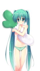 Rule 34 | 1girl, aqua eyes, aqua hair, bad id, bad pixiv id, hatsune miku, hugging object, ite fuji, long hair, navel, panties, panties only, pillow, pillow hug, simple background, solo, spring onion, striped clothes, striped panties, themed object, topless, twintails, underwear, underwear only, very long hair, vocaloid