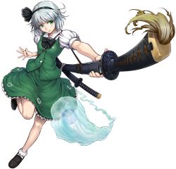 Rule 34 | 1girl, bad id, bad pixiv id, bow, bowtie, foreshortening, full body, ghost, green eyes, hairband, highres, katana, konpaku youmu, konpaku youmu (ghost), outstretched arm, pirano, short hair, silver hair, solo, standing, standing on one leg, sword, touhou, transparent background, weapon