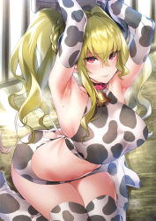 Rule 34 | 1girl, animal print, armpits, arms up, ass, ass cutout, bell, blonde hair, blush, breasts, butt crack, closed mouth, clothing cutout, collar, cow girl, cow horns, cow print, cow tail, female focus, hair between eyes, highres, hizuki akira, horns, long hair, looking at viewer, mole, mole on armpit, neck bell, original, red eyes, revision, sketch, solo, tail, window
