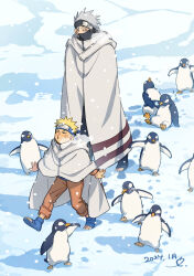 Rule 34 | 2boys, bird, blonde hair, breath, capelet, child, commentary, facial mark, forehead protector, hatake kakashi, i (kaiyou), male focus, mask, mouth mask, multiple boys, naruto, naruto (series), ninja, orange pants, outstretched arms, pants, penguin, simple background, snow, symbol-only commentary, uzumaki naruto, whisker markings, white hair