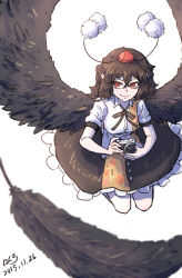 Rule 34 | 1girl, black hair, black skirt, black wings, blurry, breasts, camera, dated, depth of field, feathered wings, feathers, hakuro109, hat, highres, holding, holding camera, legs up, looking to the side, pointy ears, red eyes, ribbon, shameimaru aya, shiny clothes, shirt, short hair, short sleeves, signature, simple background, skirt, smile, solo, spread wings, tokin hat, touhou, white background, white shirt, wings