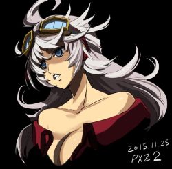 Rule 34 | 1girl, bare shoulders, blue eyes, breasts, cleavage, collarbone, curly hair, goggles, goggles on head, haruyama kazunori, large breasts, long hair, project x zone, project x zone 2, simple background, solo, urashima chizuru, white hair