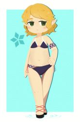 Rule 34 | 1girl, adapted costume, bikini, black bikini, blonde hair, blue background, blush, chibeany, closed mouth, commentary request, expressionless, flat chest, full body, green eyes, hand on own hip, highres, looking at viewer, mizuhashi parsee, navel, pointy ears, short hair, solo, swimsuit, touhou, white background