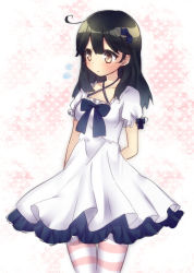 Rule 34 | 10s, 1girl, alternate costume, black bow, black hair, blush, bow, brown eyes, closed mouth, criss-cross halter, dress, gradient background, halterneck, kantai collection, kirasaki, long hair, pantyhose, short sleeves, solo, striped clothes, striped pantyhose, ushio (kancolle)