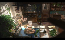 Rule 34 | animal, black cat, cat, ceiling fan, ceiling light, chair, coffee mug, cup, desk, desk lamp, highres, indoors, lamp, melonsoda (shinryoku), mug, no humans, original, painting (object), picture frame, pillow, plant, potted plant, scenery, shelf, table