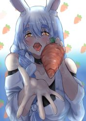 Rule 34 | 1girl, absurdres, animal ear fluff, animal ears, blue hair, braid, carrot, highres, hololive, leotard, long hair, looking at viewer, mature female, mature female, multicolored hair, open mouth, pekomama, playboy bunny, rabbit ears, rabbit girl, real life insert, solo, throat, tomodachi (tomofanart), tongue, uvula, virtual youtuber