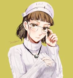 Rule 34 | blunt bangs, breasts, brown eyes, brown hair, eyewear strap, glasses, green background, headdress, highres, jewelry, kantai collection, large breasts, necklace, nidou, pince-nez, ribbed sweater, roma (kancolle), sweater, wavy hair, white sweater