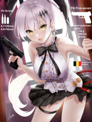 Rule 34 | 1girl, 9x19mm parabellum, ammunition, animal ears, armor-piercing ammunition, artist name, bare shoulders, belgian flag, black bow, black bowtie, black skirt, bow, bowtie, breasts, bullet, crescent, crescent earrings, earrings, english text, five-seven (girls&#039; frontline), fn 5.7x28mm, fn five-seven, fn herstal, girls&#039; frontline, gun, hair ornament, hair ribbon, hairclip, handgun, handgun cartridge, heckler &amp; koch, highres, hk 4.6x30mm, holding, holding gun, holding weapon, jewelry, long hair, looking at viewer, medium breasts, military cartridge, open mouth, pdw-caliber pistol, pdw cartridge, pistol, pistol cartridge, piukute062, rabbit ears, ribbon, shirt, silver hair, simple background, skirt, solo, weapon, white shirt, yellow eyes