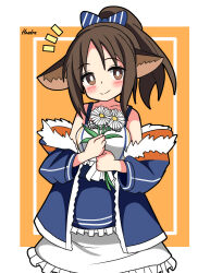 Rule 34 | 1girl, absurdres, animal ears, arknights, bare shoulders, blue bow, blue jacket, blue shirt, blush, border, bow, brown eyes, brown hair, closed mouth, collarbone, cowboy shot, daisy, dot nose, flower, frilled shirt, frilled skirt, frills, fur-trimmed jacket, fur trim, hair bow, hendra, highres, holding, holding flower, inset border, jacket, long sleeves, looking at viewer, notice lines, off shoulder, open clothes, open jacket, orange background, own hands together, parted bangs, perfumer (arknights), shirt, signature, simple background, skirt, sleeveless, sleeveless shirt, smile, solo, white border, white skirt