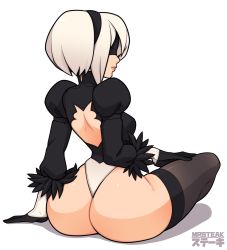 Rule 34 | 1girl, android, ass, breasts, highres, hip focus, huge ass, mrsteak, nier (series), nier:automata, simple background, small breasts, solo, thick thighs, thighs, white background, white hair, wide hips, 2b (nier:automata)