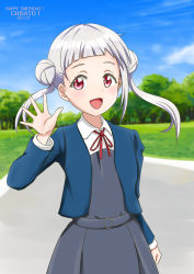 Rule 34 | 1girl, arashi chisato, artist name, artist request, belt, blue cardigan, blue jacket, blue sky, blush, bow, bowtie, breasts, buttons, cardigan, cloud, collared shirt, cropped jacket, day, double bun, dress, dress shirt, female focus, grey belt, grey shirt, grey skirt, hair bun, hair tie, hand wave, highres, jacket, long hair, long sleeves, looking at viewer, love live!, love live! superstar!!, miniskirt, neck ribbon, o-ring, o-ring belt, outdoors, parted lips, plaid, plaid skirt, pleated, pleated skirt, red bow, red eyes, red ribbon, ribbon, school uniform, shirt, skirt, sky, small breasts, smile, solo, tree, twintails, white hair, white shirt, wing collar, yuigaoka school uniform