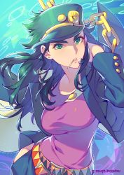 Rule 34 | 1girl, artist name, belt, black jacket, blue background, breasts, bright pupils, chain, cowboy shot, genderswap, genderswap (mtf), green eyes, green hair, hand in pocket, hat, hat ornament, highres, jacket, jojo no kimyou na bouken, kotatsu (g-rough), kuujou joutarou, large breasts, long hair, looking at viewer, mouth hold, multicolored background, multiple belts, open clothes, open jacket, parted lips, peaked cap, pink lips, pink shirt, shirt, solo, standing, stardust crusaders, v-shaped eyebrows