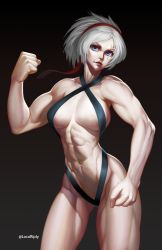 Rule 34 | 1girl, abs, biceps, black one-piece swimsuit, blue eyes, breasts, clenched hands, commentary, criss-cross halter, dmitriy samarkin, english commentary, fingernails, fist pump, gluteal fold, hairband, halterneck, lidia sobieska, lips, medium breasts, muscular, muscular female, namco, narrow waist, navel, nose, one-piece swimsuit, pale skin, ponytail, red hairband, revealing clothes, scar, scar across eye, scar on face, short hair, silver hair, solo, standing, swimsuit, tekken, tekken 7, thick thighs, thighs, twitter username