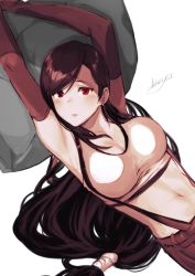 Rule 34 | 1girl, armpits, arms up, bare shoulders, black gloves, black skirt, blush, breasts, brown hair, cleavage, closed mouth, collarbone, earrings, elbow gloves, final fantasy, final fantasy vii, gloves, highres, jewelry, large breasts, long hair, looking at viewer, midriff, murio, navel, red eyes, shirt, skirt, suspender skirt, suspenders, tank top, taut clothes, taut shirt, tifa lockhart, white tank top