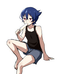 Rule 34 | 10s, 1boy, akiba&#039;s trip, akiba&#039;s trip the animation, arm support, barefoot, black shirt, blue hair, boxers, denkigai tamotsu, eating, food, funkunsan, highres, invisible chair, male focus, male underwear, multicolored hair, popsicle, red eyes, shirt, simple background, sitting, solo, streaked hair, tank top, underwear, white background