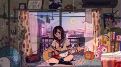Rule 34 | 1girl, awakumo, balcony, black eyes, black hair, boombox, city, clock, curtains, electric fan, female focus, guitar, highres, indian style, indoors, instrument, looking at viewer, music, original, playing instrument, railing, red neckwear, school uniform, shelf, sitting, solo, window, wire