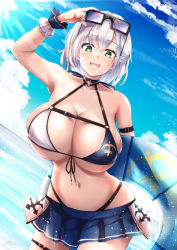 Rule 34 | 1girl, bare shoulders, bikini, blush, breasts, cleavage, collarbone, green eyes, highres, hololive, ibara azuki, large breasts, looking at viewer, md5 mismatch, mole, mole on breast, navel, resolution mismatch, shirogane noel, shirogane noel (summer 2020), short hair, silver hair, smile, solo, source larger, swimsuit, thighs, virtual youtuber