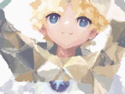 Rule 34 | 1boy, blonde hair, fate/grand order, fate/requiem, fate (series), highres, looking up, male focus, painterly, pistachiohyeah, scarf, short hair, smile, solo, upper body, voyager (fate), white tunic, yellow scarf