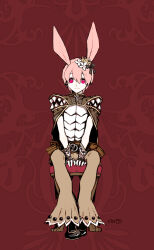 Rule 34 | 1boy, animal ears, belt, black bow, black footwear, bow, brown belt, brown cape, brown pants, cape, chair, closed mouth, commentary request, creator (ragnarok online), crown, flower, full body, gloves, hair between eyes, hair bow, hair flower, hair ornament, kusabi (aighe), living clothes, long bangs, looking at viewer, male focus, mini crown, pants, pink hair, rabbit ears, ragnarok online, red background, red eyes, shirt, shoes, short hair, sitting, smile, solo, teeth, white flower, white gloves, white shirt
