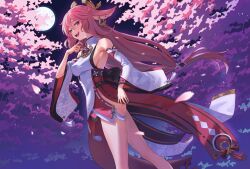 Rule 34 | 1girl, animal ears, armpit crease, bare legs, bare shoulders, breasts, cherry blossoms, detached sleeves, earrings, fang, floppy ears, fox ears, full moon, genshin impact, hair between eyes, hair ornament, highres, japanese clothes, jewelry, kadokadokado, long hair, looking at viewer, medium breasts, moon, night, nontraditional miko, open mouth, pink hair, purple eyes, red skirt, shirt, sideboob, skirt, sleeveless, sleeveless shirt, solo, thighhighs, tomoe (symbol), turtleneck, white shirt, white sleeves, wide sleeves, yae miko