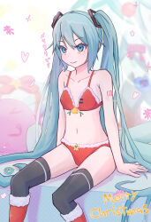 Rule 34 | 1girl, bell, bikini, blue eyes, blue hair, boots, christmas, christmas tree, frown, fur-trimmed bikini, fur-trimmed boots, fur trim, hair ornament, hatsune miku, highres, long hair, merry christmas, navel, pillow, santa bikini, sitting, snowflakes, solo, spring onion, swimsuit, tamagotchi, thighhighs, translation request, twintails, very long hair, vocaloid, yasuno-labo