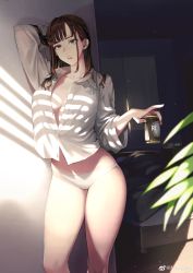 Rule 34 | 1girl, absurdres, arm up, bare legs, bed, breasts, brown eyes, brown hair, can, cleavage, clock, coffee, collared shirt, cowboy shot, curtains, dappled sunlight, digital clock, dress shirt, drink, eyelashes, hand in own hair, highres, holding, holding can, holding drink, indoors, jun (navigavi), long hair, looking at viewer, medium breasts, morning, no bra, no pants, open mouth, original, panties, parted lips, partially unbuttoned, plant, shirt, solo, straight hair, sunlight, thighs, underwear, weibo logo, weibo watermark, white panties, white shirt, wing collar, wooden floor