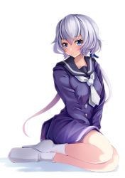 Rule 34 | 10s, 1girl, black sailor collar, blue eyes, blue ribbon, blush, closed mouth, commentary request, dress, full body, hair between eyes, hair ribbon, highres, konno junko, long hair, long sleeves, low twintails, necktie, no shoes, purple dress, ribbon, sailor collar, sailor dress, shadow, short necktie, silver hair, smile, socks, solo, twintails, very long hair, white background, white necktie, white socks, yumibakama meme, zombie land saga