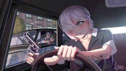 Rule 34 | 1boy, 1girl, aiming, angry, arm tattoo, blue eyes, blush, building, bullet hole, car, car interior, chasing, clenched teeth, closed mouth, collarbone, collared shirt, commentary, day, dress shirt, driving, english commentary, finger on trigger, glasses, grey shirt, gun, hair over one eye, handgun, holding, holding gun, holding weapon, kaungmyat naing, looking to the side, motion blur, motor vehicle, necktie, one eye covered, opaque glasses, open window, original, rear-view mirror, red necktie, revolver, round eyewear, seat, shirt, short hair, short sleeves, signature, sitting, steering wheel, tattoo, teeth, tree, two-tone shirt, vehicle chase, vengeance, weapon, white hair, window, windshield