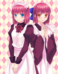 Rule 34 | 2girls, apron, argyle, argyle background, argyle clothes, blue eyes, bow, breasts, commentary request, hair bow, highres, hisui (tsukihime), juliet sleeves, kappougi, kohaku (tsukihime), lo lis, long sleeves, maid, maid headdress, medium breasts, medium hair, mixed maids, multiple girls, orange eyes, puffy sleeves, red hair, siblings, sisters, smile, tsukihime, twins, wa maid, white apron, wide sleeves