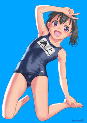 Rule 34 | 1girl, absurdres, artist name, barefoot, black hair, blue background, blue one-piece swimsuit, breasts, full body, highres, kuraue hinata, leaning to the side, looking at viewer, mu-pyon, name tag, old school swimsuit, one-piece swimsuit, purple eyes, school swimsuit, simple background, small breasts, smile, solo, swimsuit, twintails, v, yama no susume