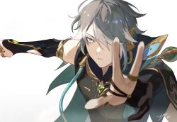Rule 34 | 1boy, ahoge, alhaitham (genshin impact), aqua eyes, artist name, bodysuit, bridal gauntlets, cape, commentary, dated, english commentary, eyelashes, genshin impact, gold trim, green cape, grey hair, hair over one eye, headphones, highres, looking at viewer, male focus, one eye covered, outstretched arms, parted bangs, parted lips, short hair, sidelocks, solo, srro yo, upper body, white background