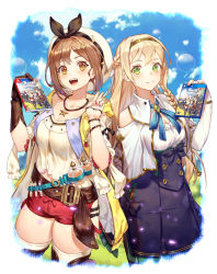Rule 34 | 2girls, :d, atelier (series), atelier ryza, atelier ryza 1, belt, blonde hair, blue nails, blue ribbon, breasts, brown eyes, brown hair, cleavage, commentary request, cover, green eyes, hair ornament, hair ribbon, hairband, hairclip, hat, highres, holding, jewelry, klaudia valentz, long hair, looking at viewer, medium breasts, multiple girls, nail polish, navel, necklace, open mouth, red nails, red shorts, reisalin stout, revision, ribbon, short hair, short shorts, shorts, smile, star (symbol), star necklace, thighhighs, v, video game cover, video game cover (object), w2398510474, white headwear, white legwear, white ribbon