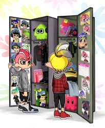 Rule 34 | 2boys, :d, agent 3 (splatoon), agent 8 (splatoon), black eyes, black footwear, black hoodie, black pants, black shirt, black sweater, blonde hair, blue headwear, blush, book, calendar (object), closed eyes, clothes hanger, commentary, cup, english commentary, formal, from behind, grey sweater, heart, high-visibility vest, high ponytail, highres, hood, hoodie, inkling, inkling boy, inkling player character, jacket, locker, looking at another, looking back, looking down, mug, multiple boys, nintendo, octoling, octoling boy, octoling player character, open mouth, pants, photo (object), plaid, plaid jacket, red footwear, red hair, shirt, shoes, shorts, smile, sneakers, splatoon (series), stuffed toy, suction cups, suit, sweater, tentacle hair, unamused, white suit, yurami18