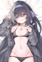 Rule 34 | 1girl, bags under eyes, bikini, black bikini, black hair, blue archive, blue hairband, breasts, breasts apart, cardigan, collarbone, commentary request, crossed bangs, fal maro, grey cardigan, groin, hair between eyes, hairband, halo, halterneck, head tilt, highres, jacket, jewelry, long hair, long sleeves, looking at viewer, lowleg, lowleg bikini, lying, medium breasts, navel, necklace, o-ring, o-ring bikini, o-ring bottom, o-ring top, off shoulder, official alternate costume, on back, open cardigan, open clothes, open jacket, open mouth, sleeves past wrists, solo, swimsuit, ui (blue archive), ui (swimsuit) (blue archive), yellow halo
