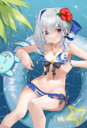 Rule 34 | 1girl, absurdres, amane kanata, axolotl, bare shoulders, bikini, blue hair, bow, bracelet, breasts, collarbone, colored inner hair, flower, grey hair, hair bow, hair flower, hair ornament, hair rings, hairclip, highres, hololive, innertube, jewelry, medium hair, michimichi20121, midriff, multicolored hair, navel, necklace, purple eyes, small breasts, solo, striped bikini, striped clothes, swim ring, swimsuit, virtual youtuber, water