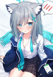 Rule 34 | 1girl, absurdres, animal ears, aqua necktie, aqua scarf, black skirt, blue archive, blue eyes, blue halo, blue jacket, blush, breasts, cleavage, collarbone, collared shirt, cowboy shot, grey hair, halo, highres, id card, jacket, kutar22, long sleeves, looking at viewer, medium hair, mismatched pupils, necktie, open collar, plaid, plaid skirt, pleated skirt, scarf, shiroko (blue archive), shirt, shirt tucked in, single off shoulder, sitting, skirt, solo, spoken blush, undone necktie, unworn scarf, white shirt, wolf ears