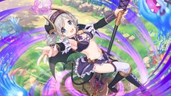 Rule 34 | 1girl, akari (princess connect!), blue eyes, breasts, cleavage, cross-laced clothes, cross-laced top, cygames, demon tail, garter straps, grey hair, jewelry, monster, official art, pole dancing, polearm, princess connect!, reaching, reaching towards viewer, ring, short hair, tail, weapon