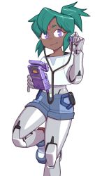 Rule 34 | 1girl, borrowed character, cameron sewell, commission, cyborg, dark-skinned female, dark skin, earbuds, earphones, green hair, highres, joints, looking at viewer, original, ponytail, purple eyes, robot joints, shirt, short ponytail, shorts, smile, solo, t-shirt, white background