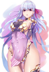 Rule 34 | 1girl, absurdres, arms behind back, bare shoulders, breasts, covered navel, cowboy shot, detached sleeves, dress, earrings, fate/grand order, fate (series), gold trim, hair between eyes, hair ribbon, highres, jewelry, kama (fate), kama (second ascension) (fate), kuen (kuennn12), large breasts, long hair, looking at viewer, open mouth, pelvic curtain, purple dress, red eyes, red ribbon, ribbon, silver hair, solo, standing, thighhighs, thighs