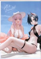 Rule 34 | 2girls, absurdres, alternate costume, azur lane, bare legs, bikini, blue sky, breasts, feet out of frame, hair between eyes, hat, highres, horns, large breasts, legs, long hair, looking at viewer, mechanical horns, multicolored hair, multiple girls, ohisashiburi, open mouth, pink eyes, pink hair, plymouth (azur lane), red horns, sagging breasts, short hair, signature, sitting, sky, small breasts, streaked hair, sun hat, swimsuit, thigh strap, two-tone hair, ulrich von hutten (azur lane), white bikini, white headwear, yellow eyes