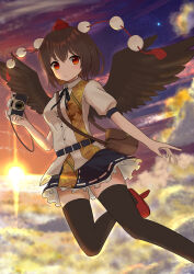 Rule 34 | 1048334293, 1girl, absurdres, bag, belt, bird wings, black belt, black ribbon, black skirt, black thighhighs, black wings, breasts, brown bag, brown hair, buttons, camera, closed mouth, cloud, cloudy sky, collared shirt, commentary request, feathered wings, flying, frilled skirt, frills, geta, happy, hat, highres, holding, holding camera, leaf print, looking at viewer, neck ribbon, outdoors, pom pom (clothes), puffy short sleeves, puffy sleeves, red eyes, red footwear, red hat, ribbon, ribbon-trimmed skirt, ribbon trim, shameimaru aya, shirt, short sleeves, shoulder bag, skirt, sky, small breasts, smile, solo, sunset, tassel, tengu-geta, thighhighs, tokin hat, touhou, white shirt, wings