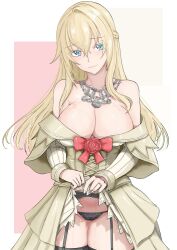 Rule 34 | absurdres, black panties, blonde hair, blue eyes, braid, breasts, cleavage, clothes lift, commentary request, dress, dress lift, flower, french braid, garter straps, highres, jewelry, kantai collection, ken (shutenndouji1), large breasts, long hair, long sleeves, looking at viewer, necklace, off-shoulder dress, off shoulder, panties, red flower, red ribbon, red rose, ribbon, rose, solo, thighhighs, underwear, warspite (kancolle), white dress