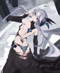 Rule 34 | 1girl, ass, black gloves, blue eyes, butt crack, character request, chromatic aberration, elbow gloves, from behind, gloves, gradient background, highres, long hair, looking back, shaft look, single elbow glove, solo, vicious kage, white hair