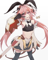 Rule 34 | 1boy, animal ears, astolfo (fate), astolfo (saber) (fate), black bow, black thighhighs, bow, crop top, csyday, fake animal ears, fang, fate/grand order, fate (series), hair bow, hair intakes, long hair, male focus, pink hair, pleated skirt, purple eyes, rabbit ears, skirt, solo, thighhighs, trap, twintails, v over eye
