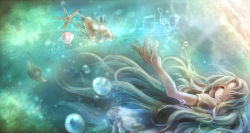 Rule 34 | 1girl, bad id, bad pixiv id, beamed quavers, blue eyes, bubble, dress, hat, musical note, original, quaver, shell, silver hair, solo, starfish, sui (petit comet), treble clef, water