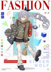 1girl absurdres backpack bag black_skirt brown_jacket cover drill_hair drill_ponytail full_body grey_eyes grey_hair hair_between_eyes hair_ribbon handbag handheld_game_console highres holding holding_bag holding_handheld_game_console honkai:_star_rail honkai_(series) jacket kneehighs loafers long_hair long_sleeves looking_at_viewer magazine_cover red_bag ribbon shoes silver_wolf_(honkai:_star_rail) skirt socks solo standing vialle