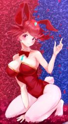 Rule 34 | 1girl, absurdres, animal ears, bare arms, bare shoulders, blush, breasts, chest jewel, detached collar, earrings, fake animal ears, full body, highres, jewelry, kneeling, large breasts, leotard, pantyhose, playboy bunny, pyra (xenoblade), rabbit tail, red eyes, red hair, red leotard, risumi (taka-fallcherryblossom), short hair, solo, strapless, strapless leotard, swept bangs, tail, tiara, white pantyhose, xenoblade chronicles (series), xenoblade chronicles 2